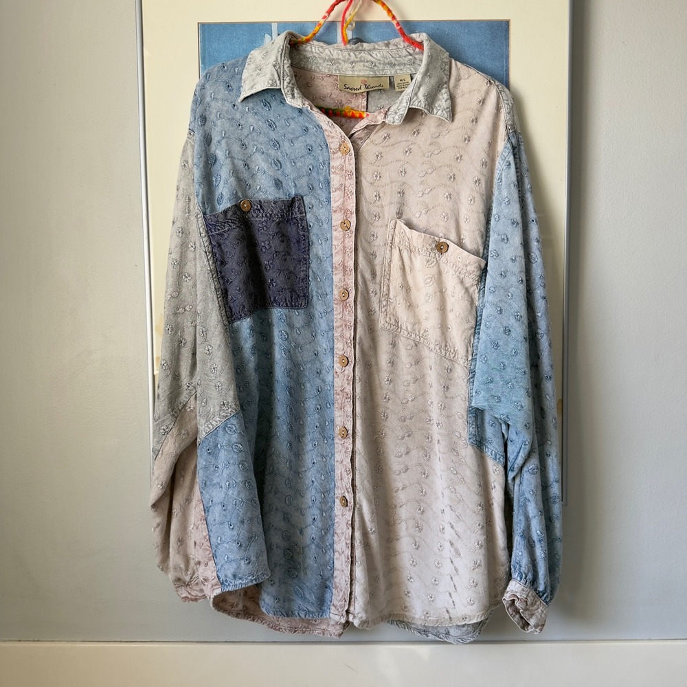 Sacred Threads VTG Patchwork Shirt M/L Crinkle Gauze Art To Wear Boho Colorblock